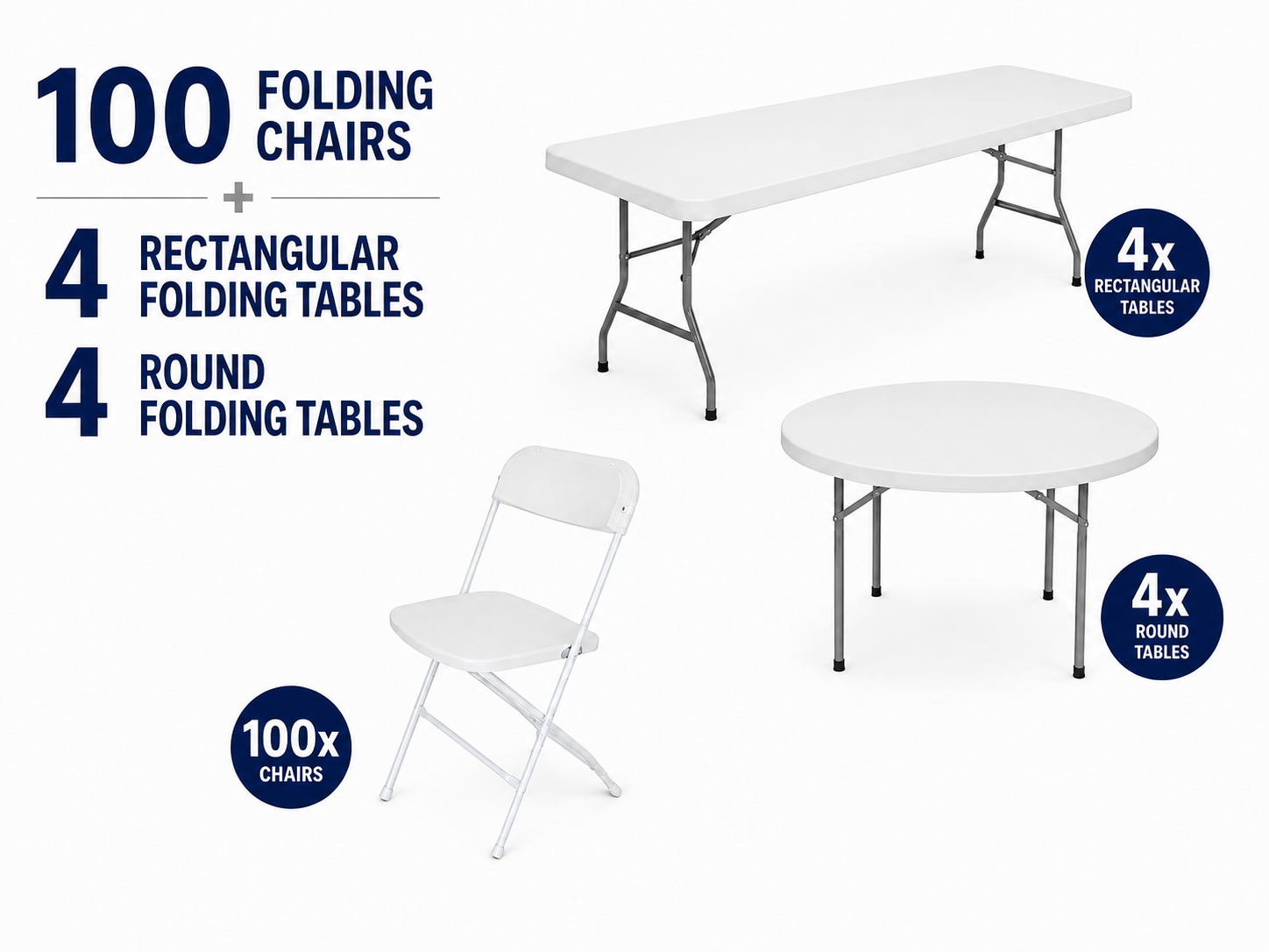 Bundle package deal showcasing 100 white plastic folding chairs with 4 rectangular 6-feet plastic folding tables and 60-inch round plastic folding tables