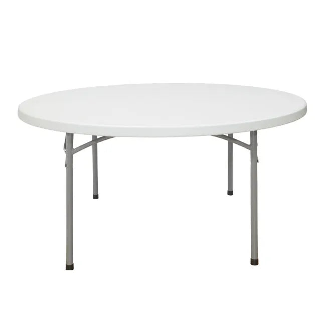 Round white folding table on a white background