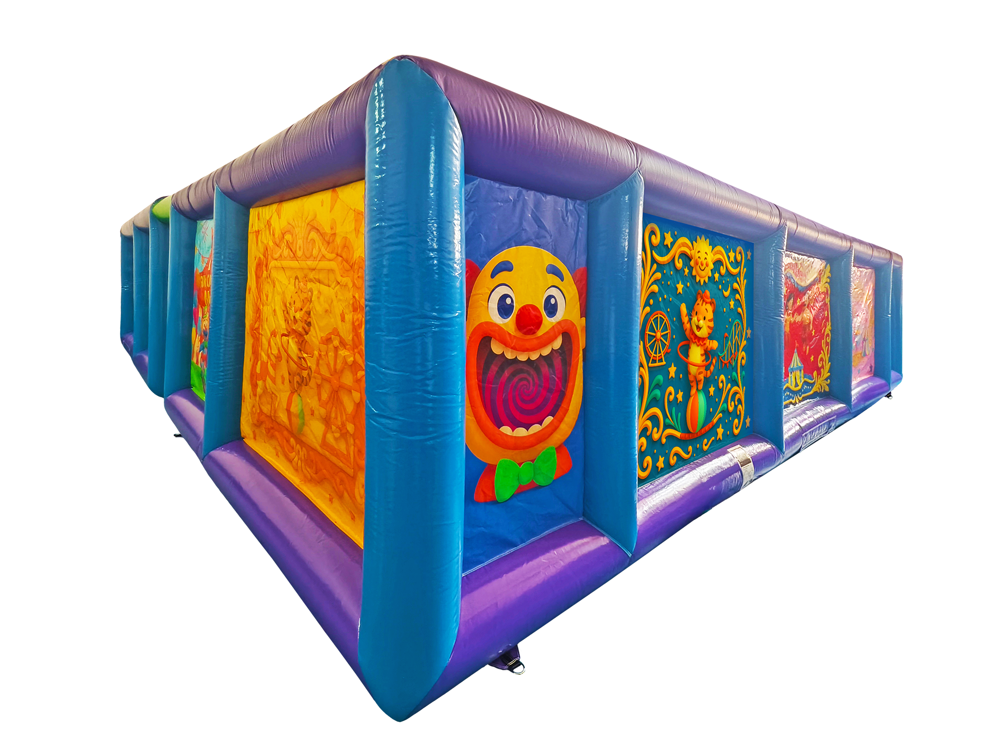 Close-up of carnival maze inflatable corner with bright circus-themed graphics - HullaBalloo Sales