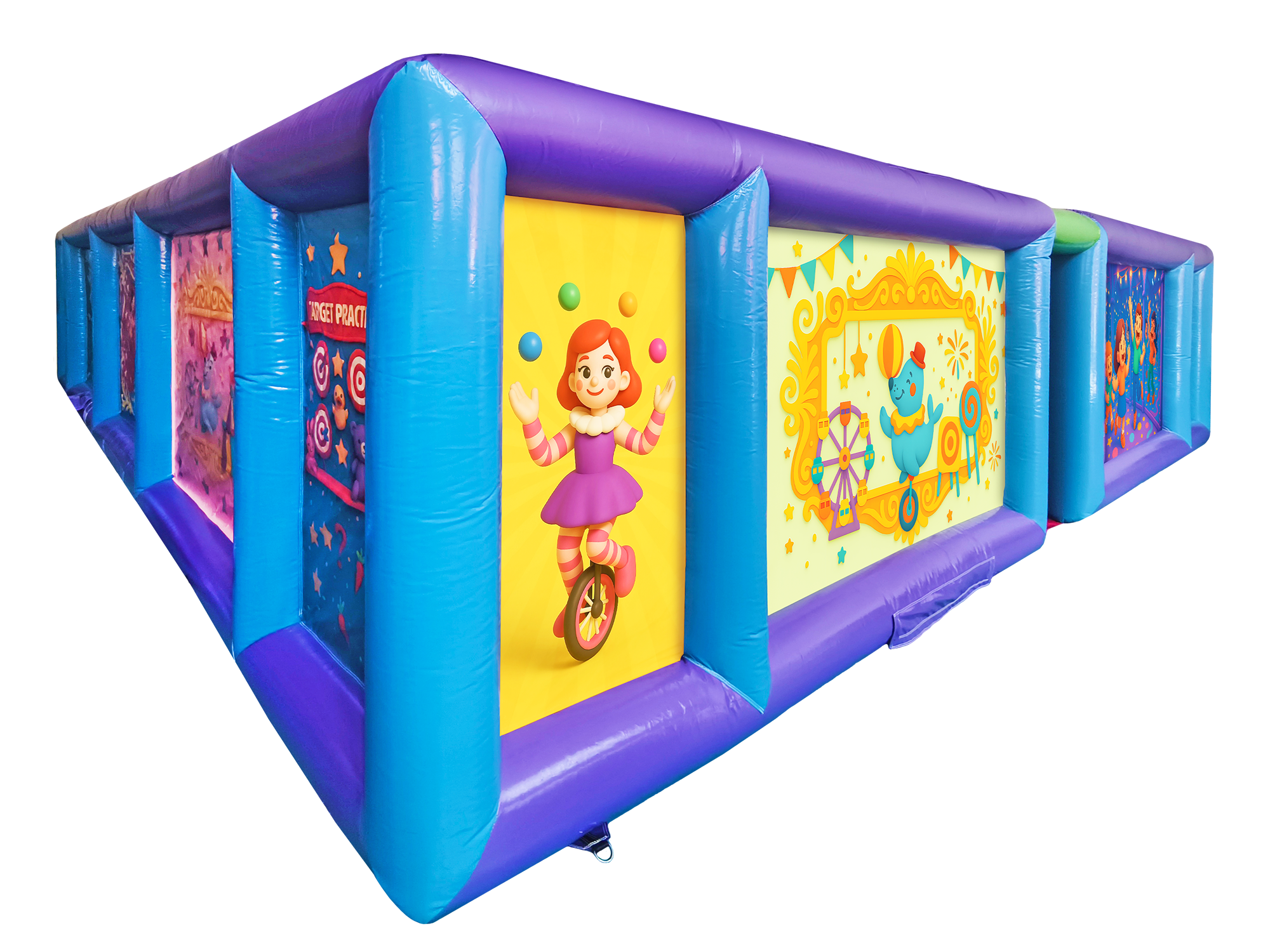 Corner section of carnival maze inflatable showing colorful striped walls and vinyl construction - HullaBalloo Sales