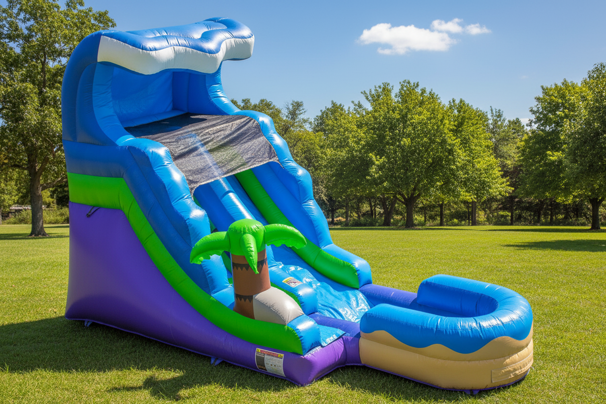15-foot Commercial Crossover Island Breeze Slide With Pool on a grassy field - HullaBalloo Sales