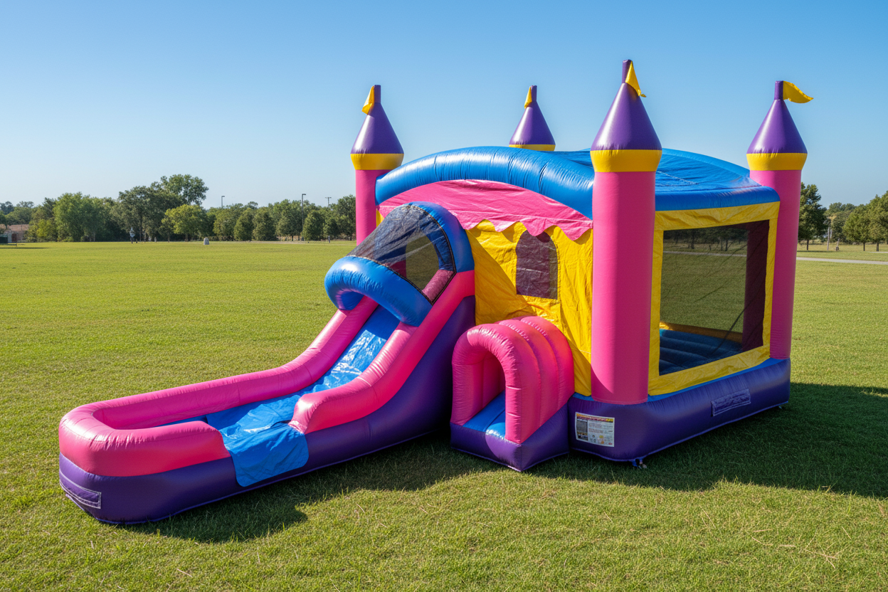 Outside View of 4in1 Commercial Crossover Princess Inflatable Combo Wet/Dry - HullaBalloo Sales