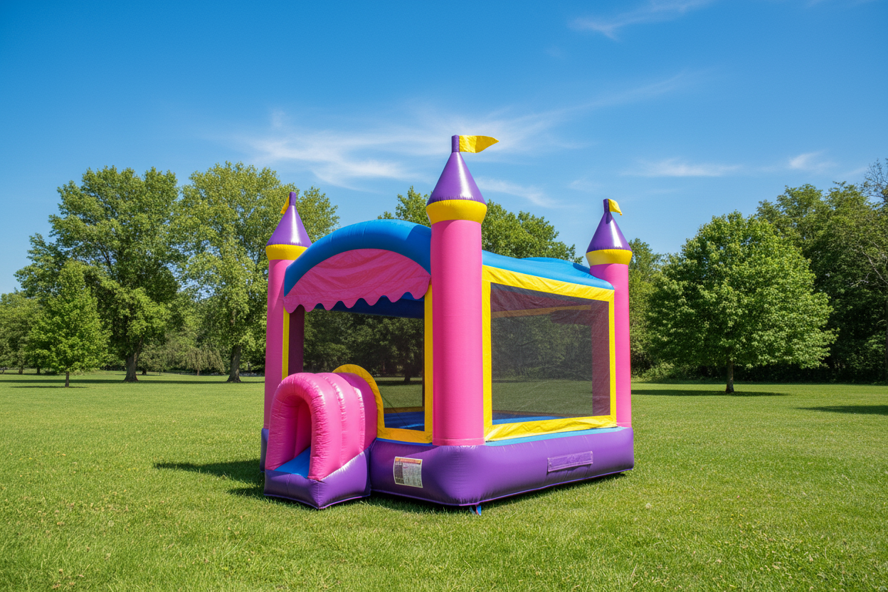 Commercial Crossover 13 by 13 Princess Bounce House on a grassy field with trees in the background - HullaBalloo Sales