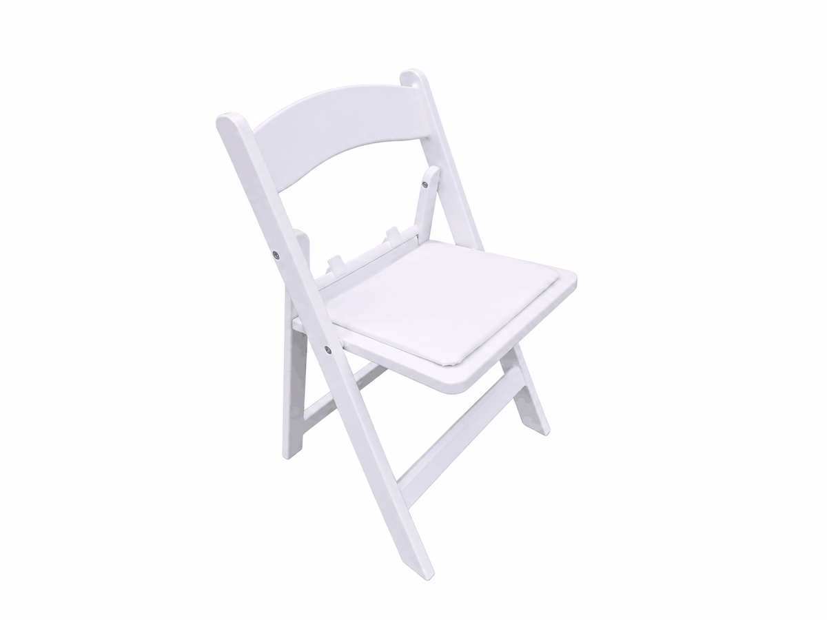 Angled view of Kid Size White Resin Folding Chair with padded seat,