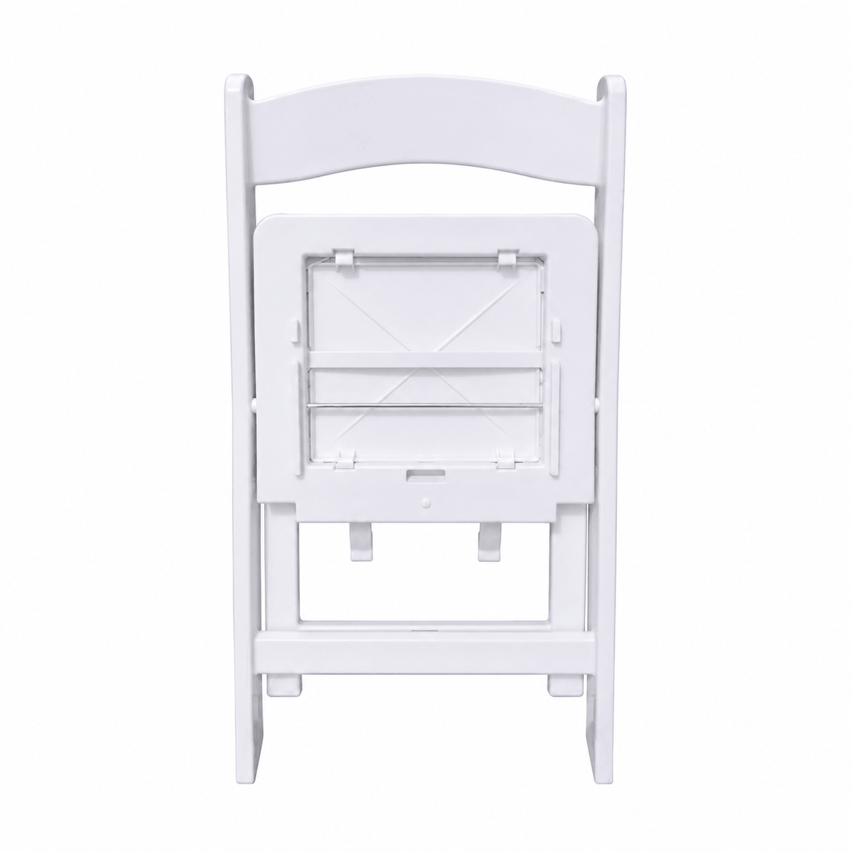 Kid Size White Resin Folding Chair with padded seat shown from the back in its folded position