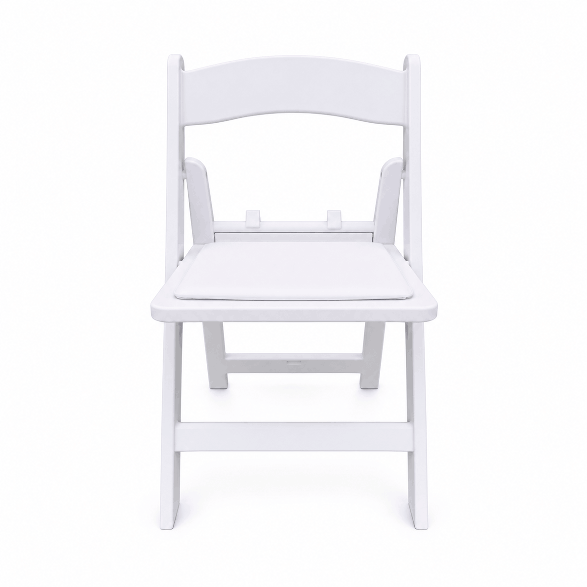 Front view of Kid Size White Resin Folding Chair with a comfortable padded seat and curved backrest.