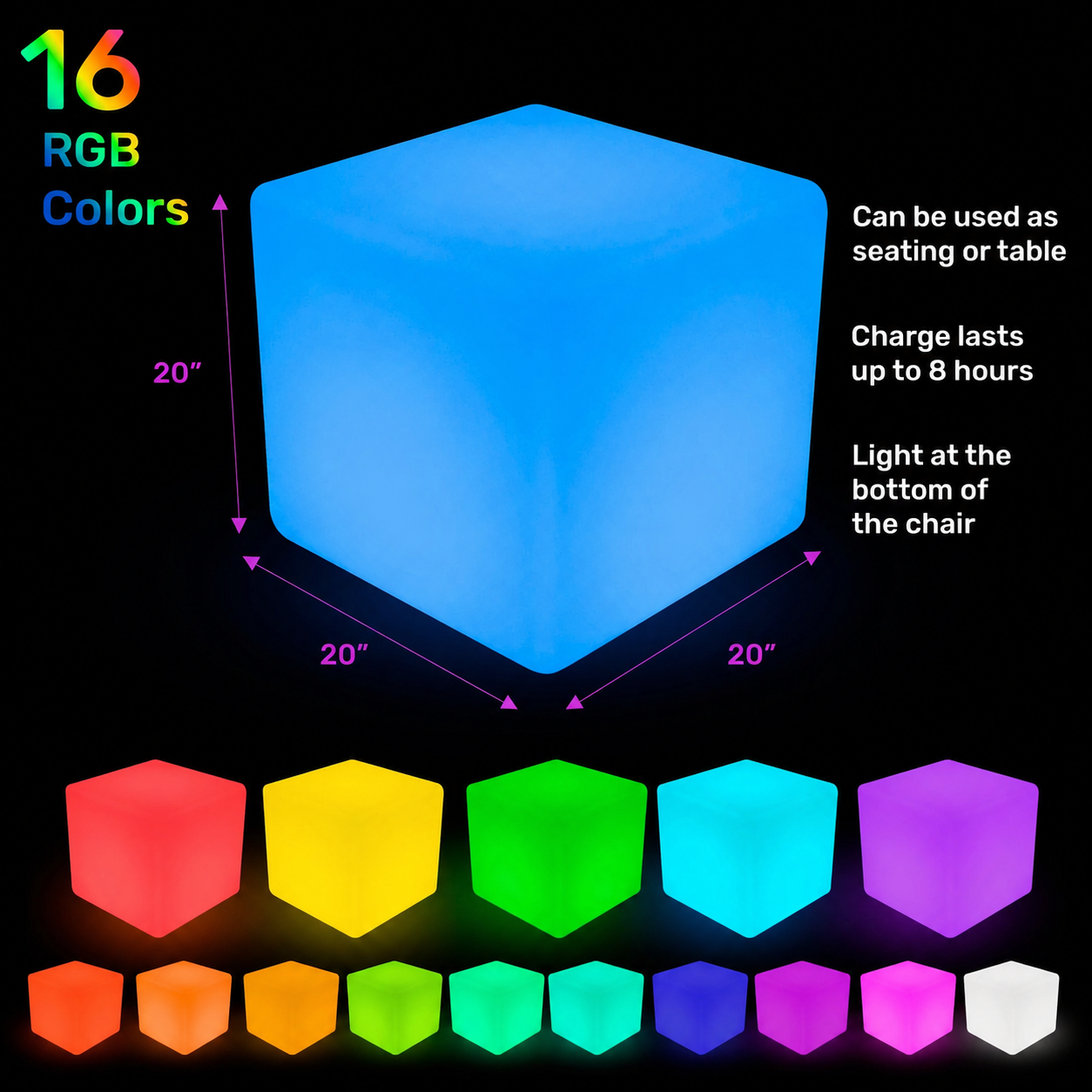 20-inch led cube showcasing all 16 rgb colors along with product information