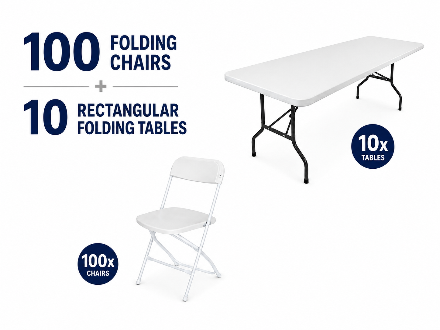 Bundle package deal showcasing 100 white plastic folding chairs with 10 rectangular 6-feet plastic folding tables