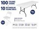 100 plastic folding chairs and 10 rectangular folding tables bundle package