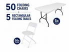 Bundle package deal showcasing 50 white plastic folding chairs with 5 rectangular 6-feet plastic folding tables