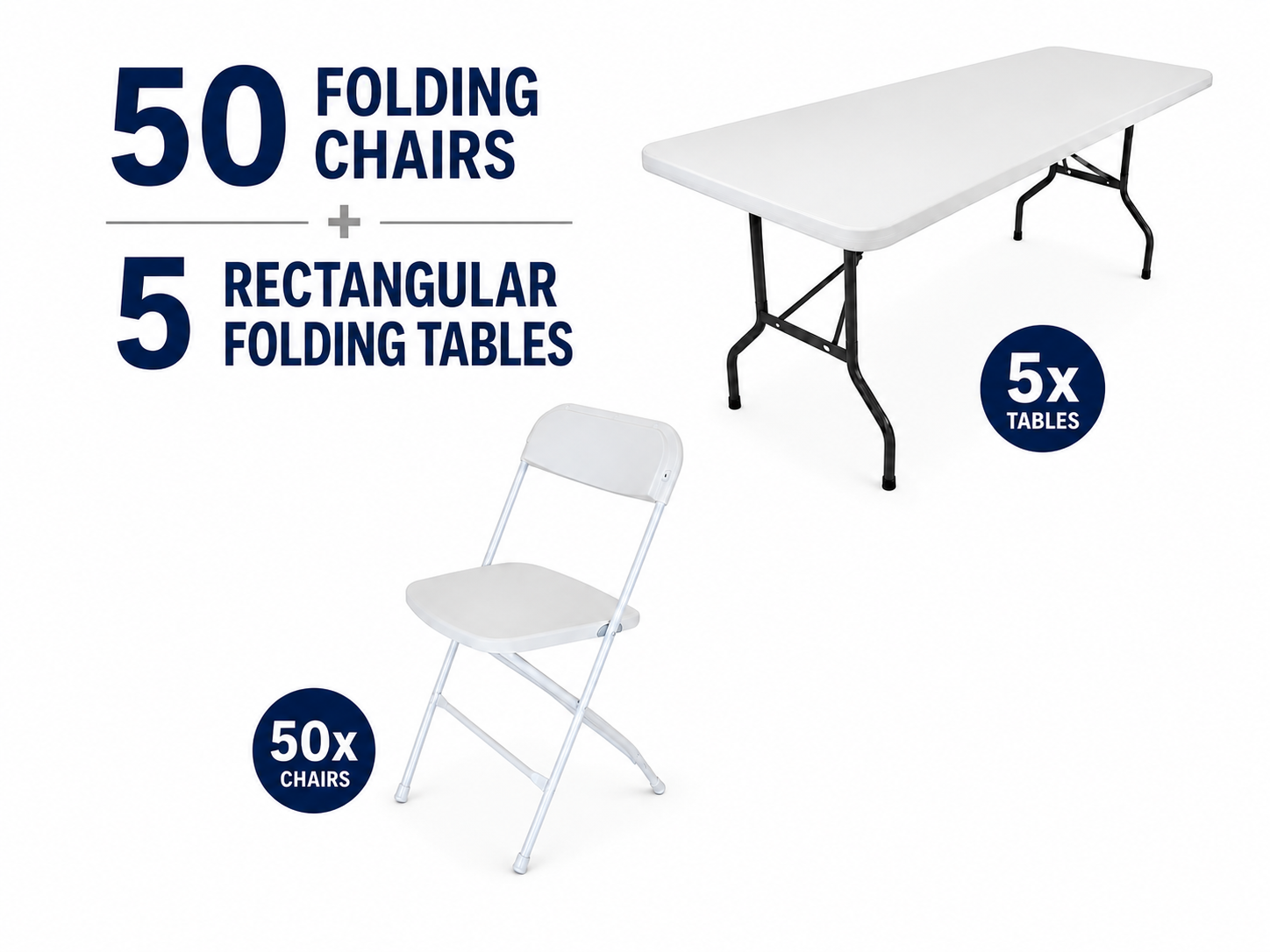 Bundle package deal showcasing 50 white plastic folding chairs with 5 rectangular 6-feet plastic folding tables