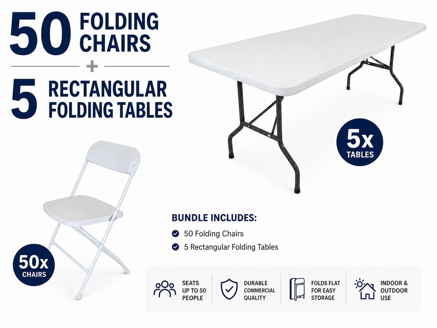 commercial tables and chair, 50 plastic folding chairs and 50 rectangular folding tables bundle package