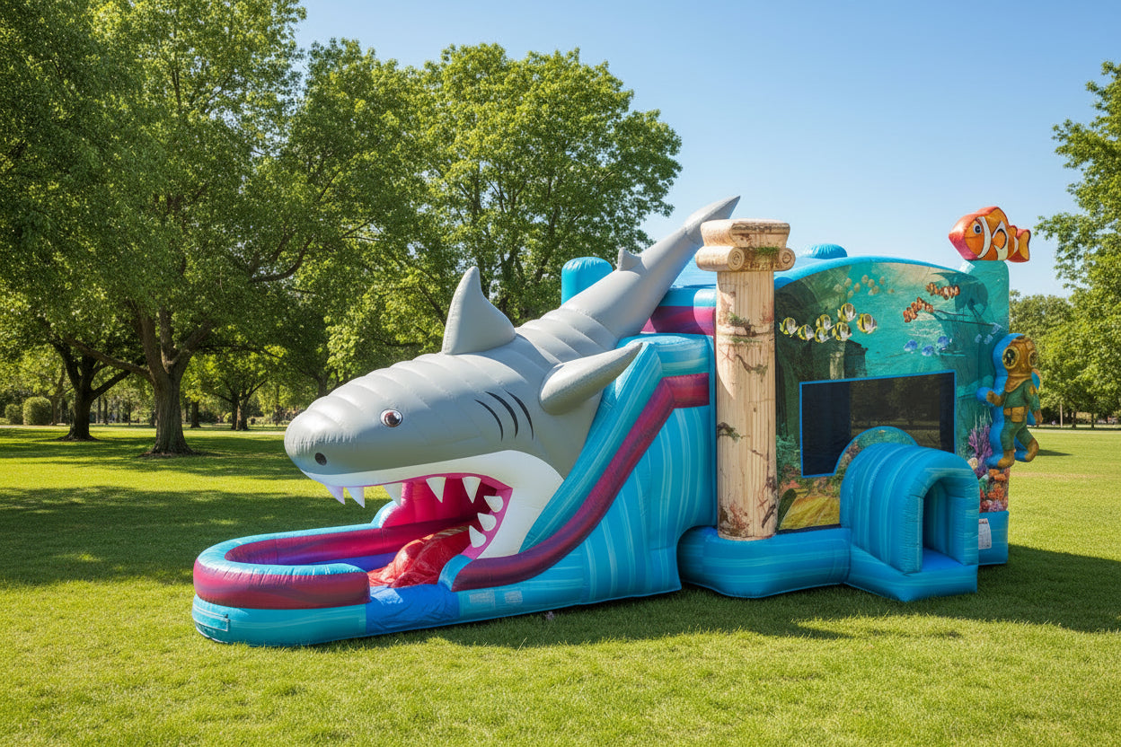 Outside View 5in1 Atlantis Underwater Adventure Dual Lane Inflatable Bounce House Combo - HullaBalloo Sales