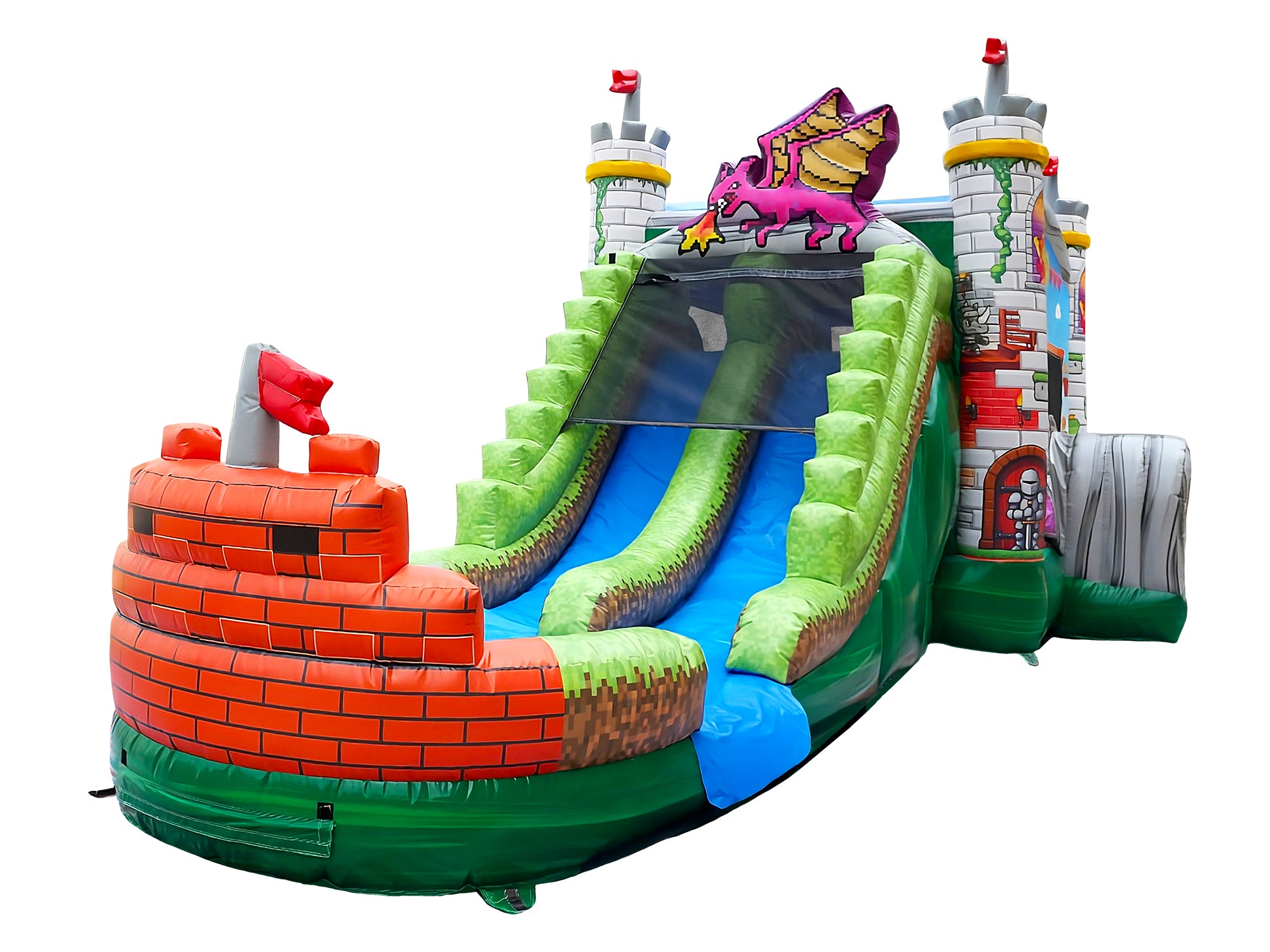 Side View of Dual Lane Slides for 5in1 Pixel Gaming Inflatable Combo | HullaBalloo Sales