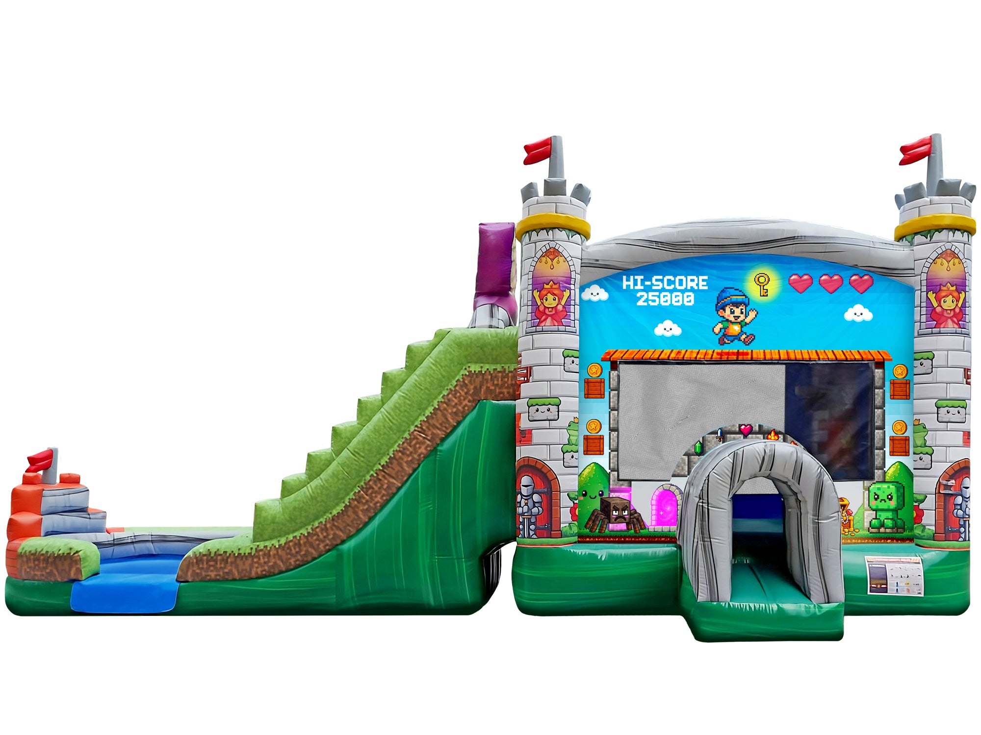 Front View of 5in1 Dual Lane Pixel Gaming Bounce House Combo | HullaBalloo Sales
