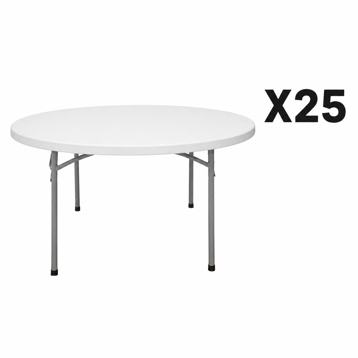 A white round folding table with silver metal legs, shown on a plain white background with a black 'X25' text overlay in the upper right.
