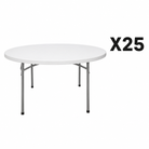 A white round folding table with silver metal legs, shown on a plain white background with a black 'X25' text overlay in the upper right.