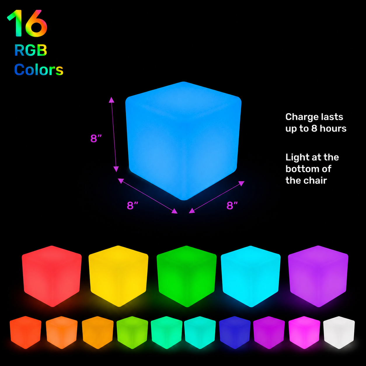 8-inch led cube with 16 rgb colors showcasing all colors and product information