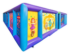 Corner section of carnival maze inflatable showing colorful striped walls and vinyl construction - HullaBalloo Sales