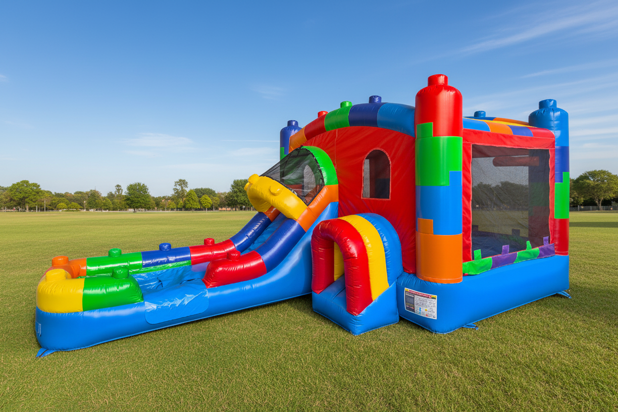 Outside View of 4in1 Commercial Crossover Blocks Inflatable Combo Wet/Dry - HullaBalloo Sales