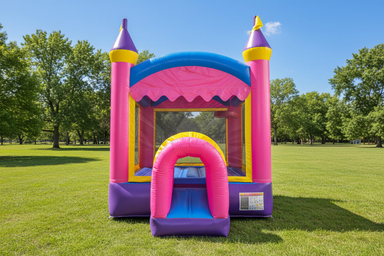 Commercial Crossover 10-foot Princess Bounce House on a grassy field with trees in the background - HullaBalloo Sales