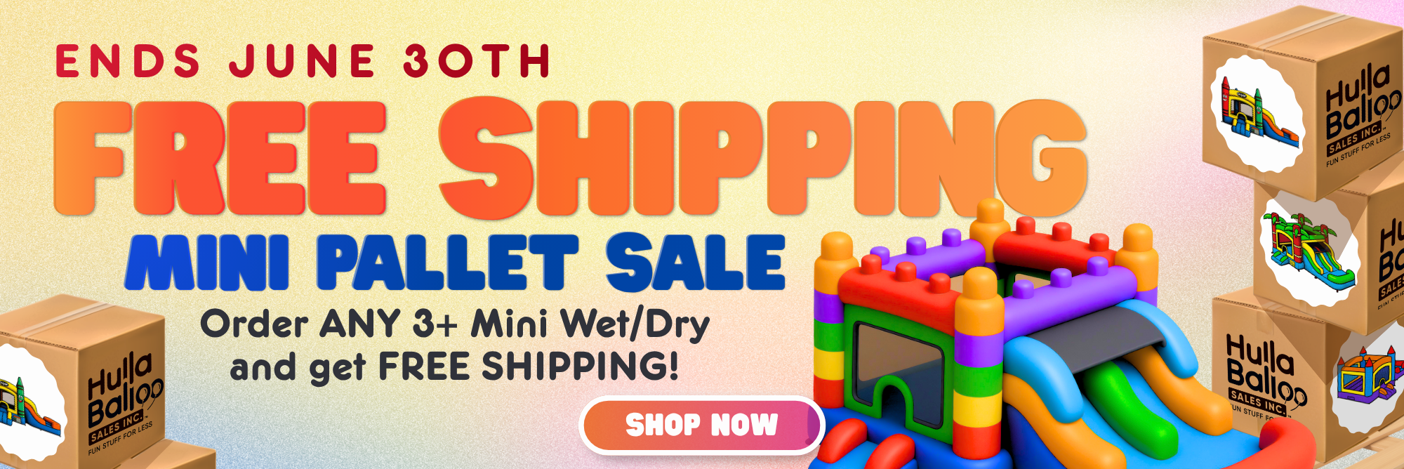 Promotional banner for HullaBalloo mini pallet sale with colorful inflatable slide and free shipping offer.