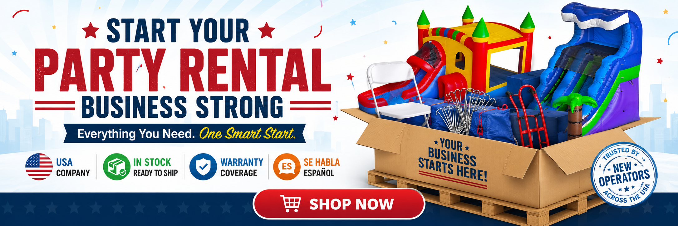 Promotional banner for party rental business with equipment and text on a white background