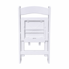 Kid Size White Resin Folding Chair with padded seat shown from the back in its folded position