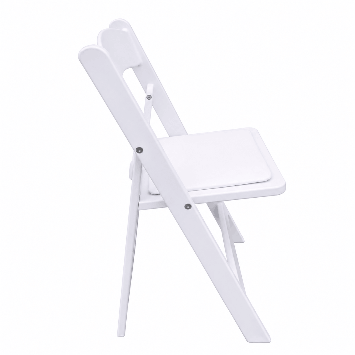 Side view of Kid Size White Resin Folding Chair featuring a padded seat