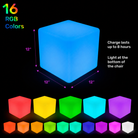12-inch led cube showcasing all 16 rgb colors along with product information