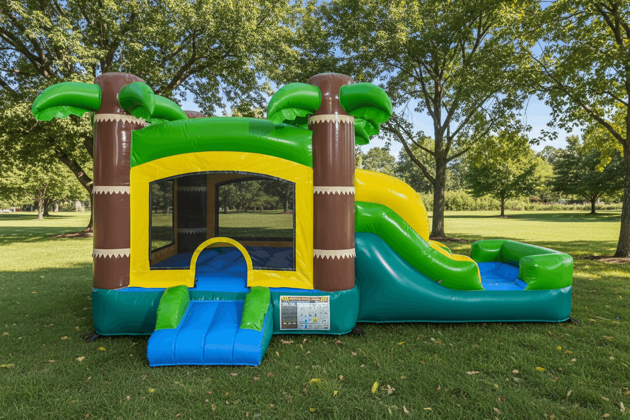 Outside View of Mini Tropical Bounce and Slide Wet/Dry - HullaBalloo Sales