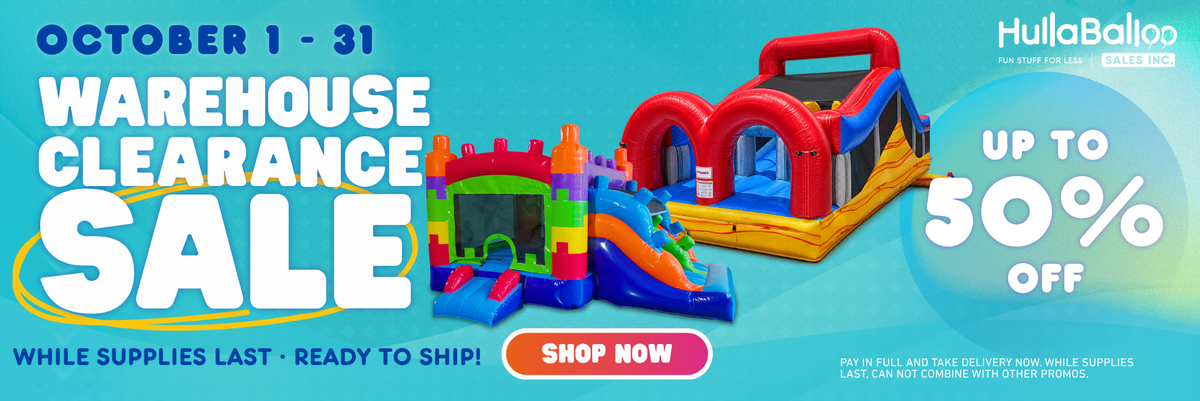 HullaBalloo Sales October Warehouse Clearance Sale, up to 50-percent off select commercial inflatables, in-stock and ready to ship