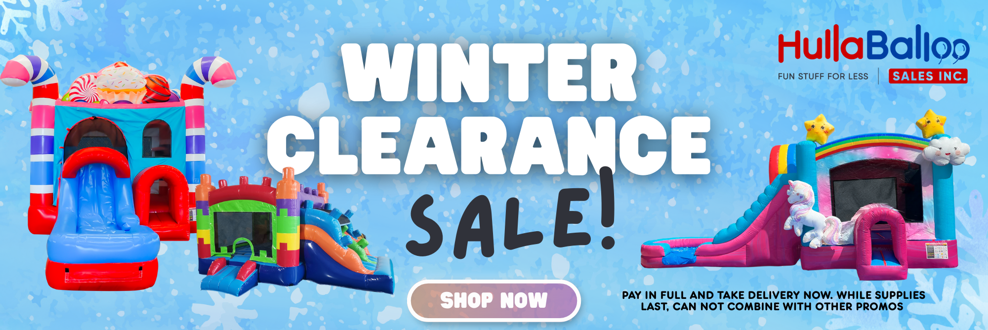 HullaBalloo inflatable sales banner with winter clearance sale text and colorful inflatables.